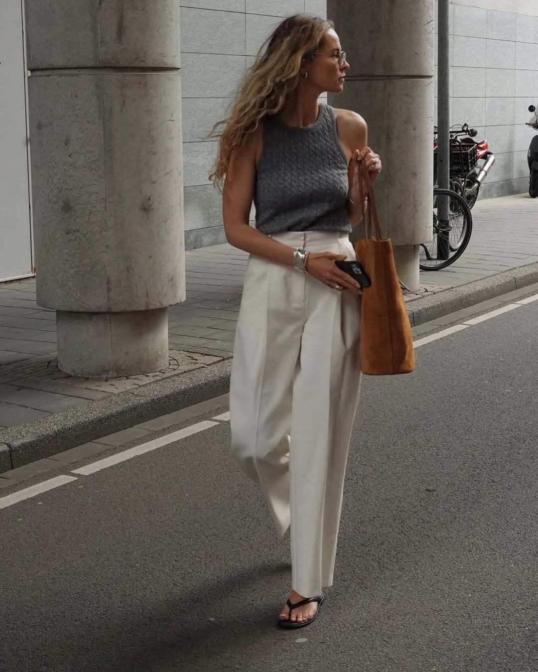 Grey Knit Top with Cream Wide-Leg Trousers Grey Knit Top with Cream Wide-Leg Trousers — Summer Outfits 2027 for Women Over 50