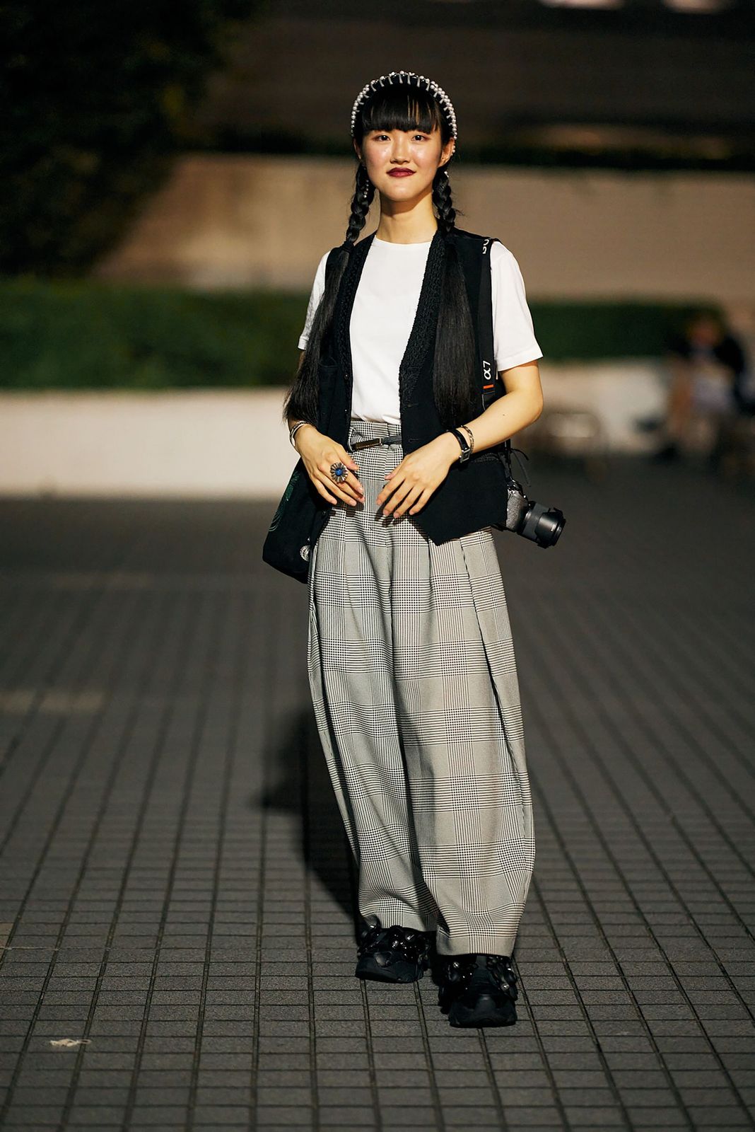 Black Vest with Plaid Trousers and Sneakers Black Vest with Plaid Trousers and Sneakers — Vest Outfits 2027