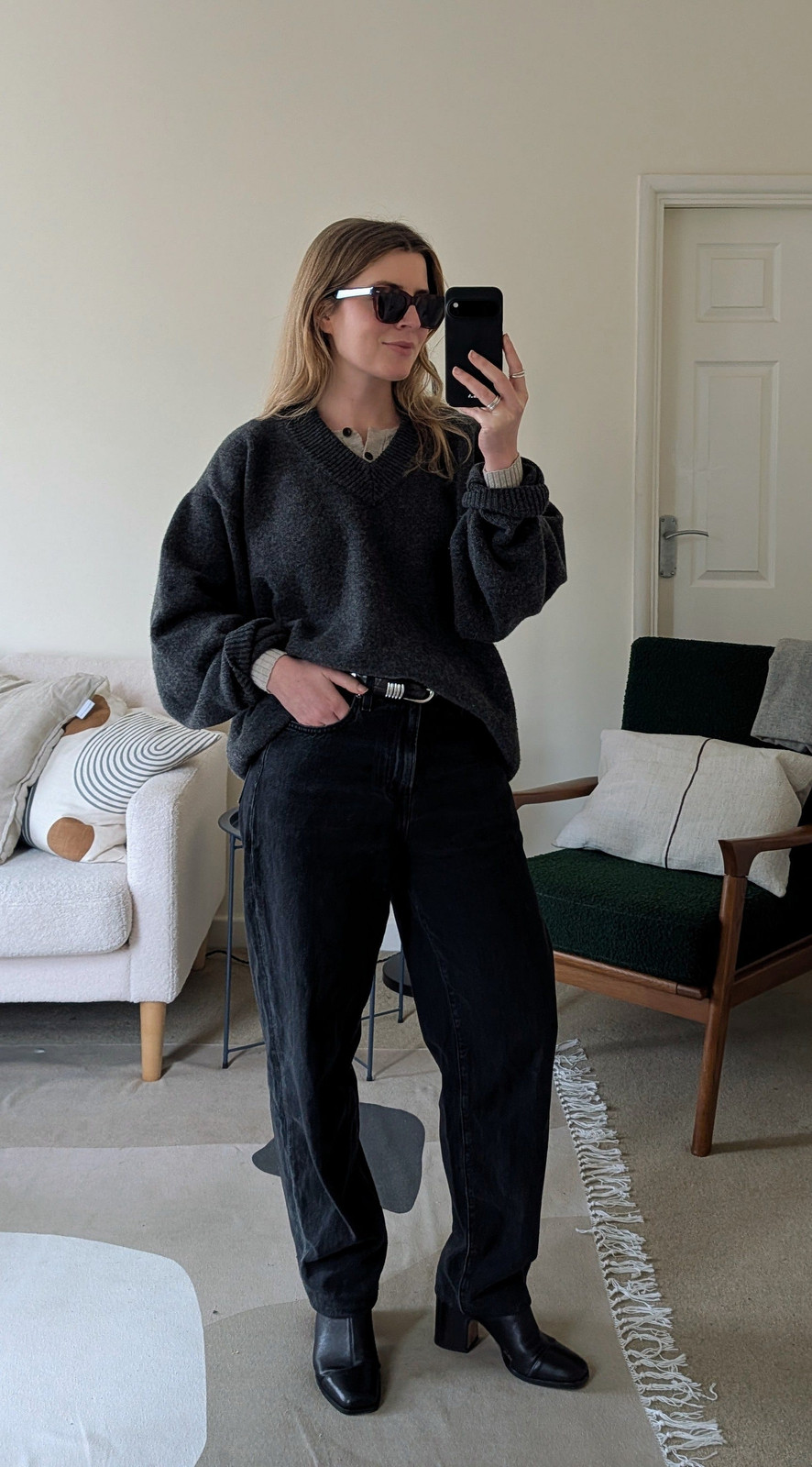 Dark Grey V-Neck Sweater Over Lighter Knit with Black Jeans Dark Grey V-Neck Sweater Over Lighter Knit with Black Jeans — Sweater and Jeans Outfits 2027