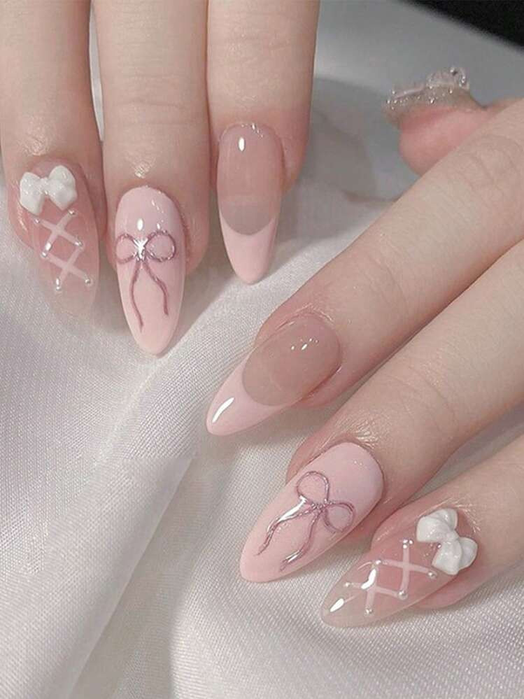 Soft Pink Almond with Mixed Bows — Prom Press On Nails 2027