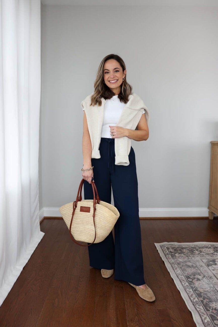 Navy Wide-Leg Trousers with Draped Sweater Navy Wide-Leg Trousers with Draped Sweater — Everyday Outfits 2027