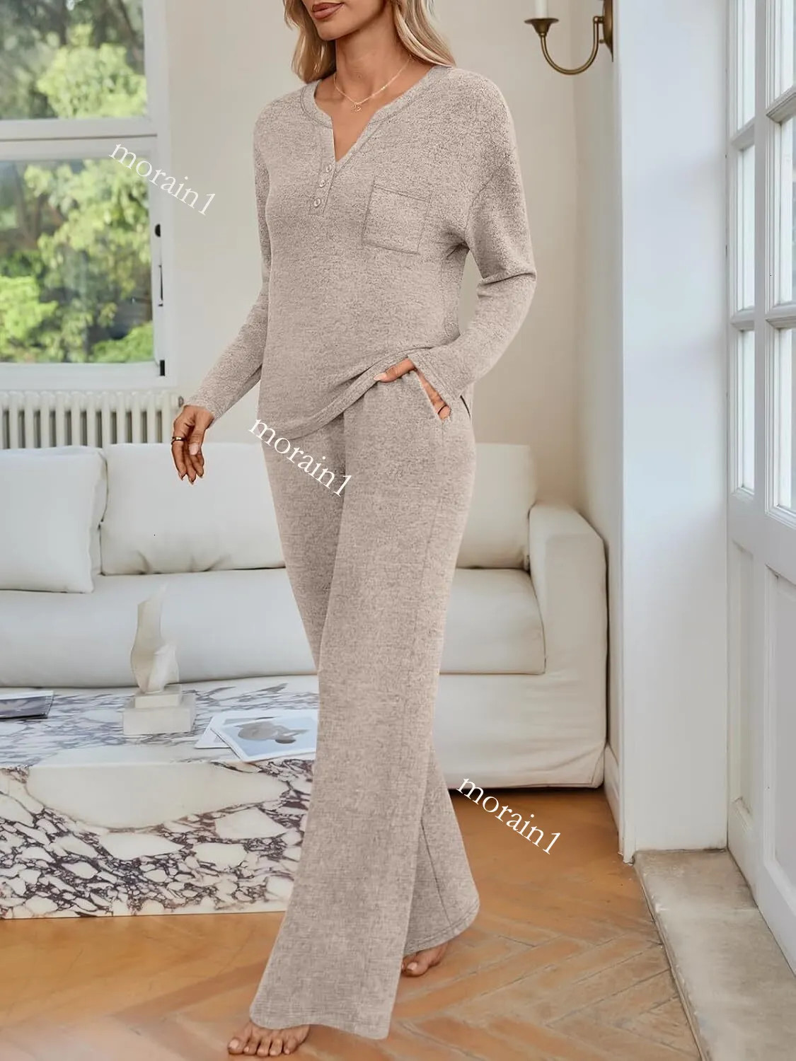 Neutral Beige Knit Henley and Wide-Leg Trouser Loungewear Neutral Beige Knit Henley and Wide-Leg Trouser Loungewear — Matching Set Outfits 2027