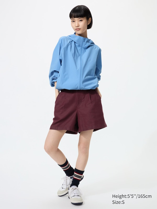 Burgundy Linen Shorts with Light Blue Hooded Jacket and Sneakers Burgundy Linen Shorts with Light Blue Hooded Jacket and Sneakers — Linen Shorts Outfits 2027
