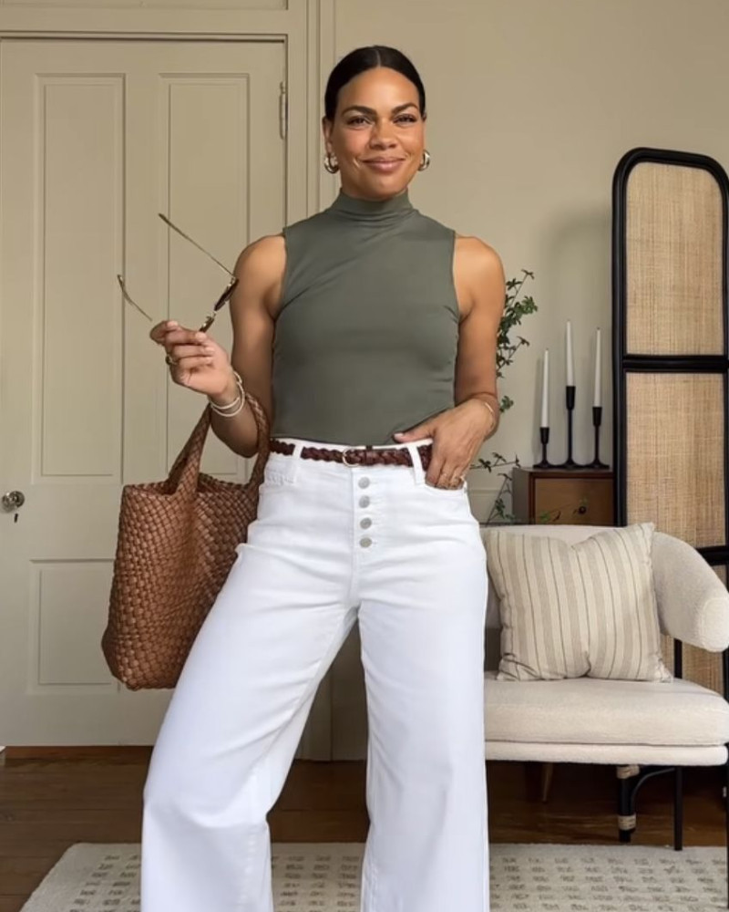 Casual Chic: White Wide-Leg Jeans with Olive Green Top and Woven Bag Casual Chic: White Wide-Leg Jeans with Olive Green Top and Woven Bag — White Jeans Outfits 2027