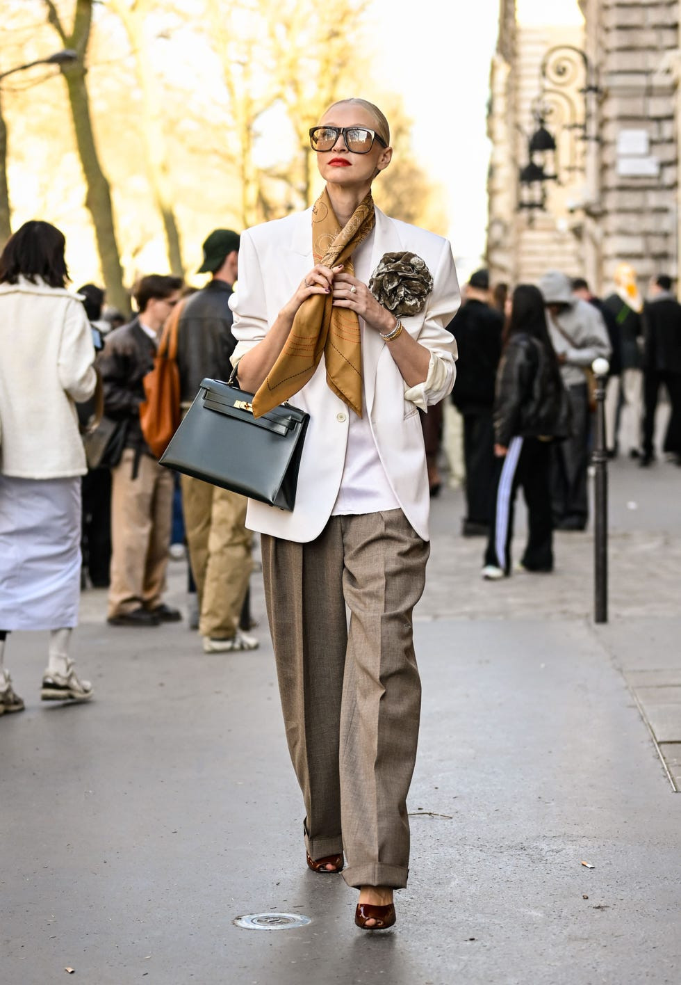 Gold Button Blazer with Cat-Eye Sunglasses and Ballet Flats — French Girl Outfits 2027