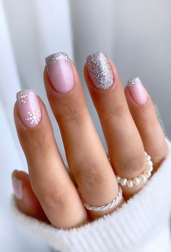 Silver Glitter Snowflake French Square Nails Silver Glitter Snowflake French Square Nails — Winter Glitter Nails 2027