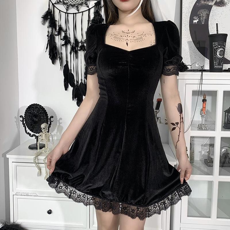 Velvet Elegance: Square-Neck Dress with Puff Sleeves and Lace Trim Velvet Elegance: Square-Neck Dress with Puff Sleeves and Lace Trim — Gothic Romantic Outfits 2027