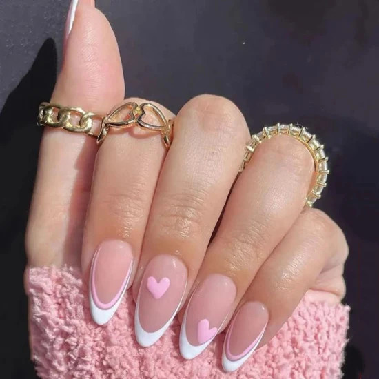Small Pink Hearts On Accent Nails Visual Idea Small Pink Hearts On Accent Nails Visual Idea — Almond Press On Nails 2027