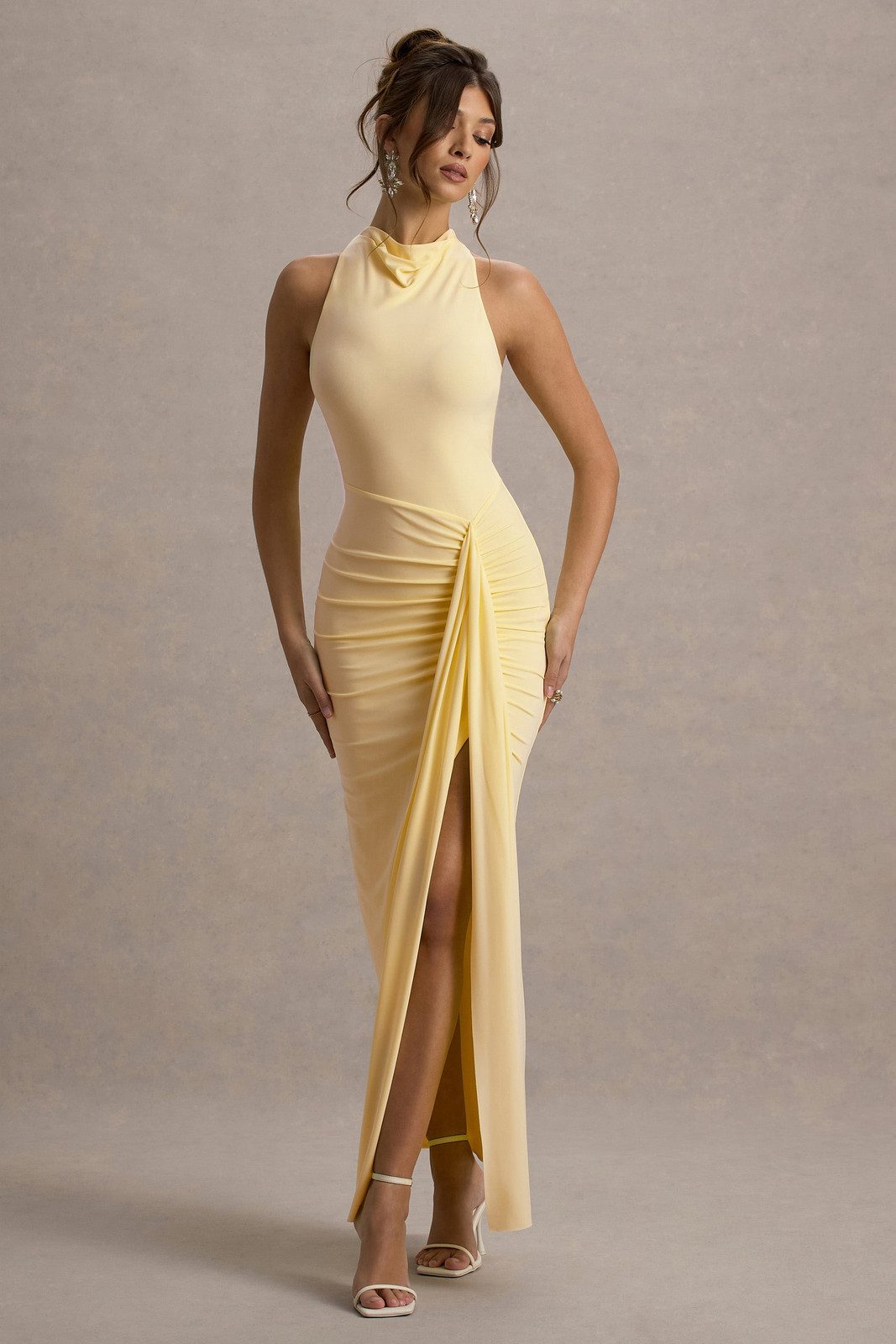 Pale Yellow Draped Satin-Like Jersey Dress with High Slit Pale Yellow Draped Satin-Like Jersey Dress with High Slit — Satin Prom Dresses 2027