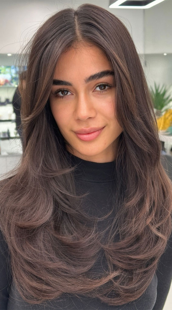 No Bangs Mid-Back Dark Brown With Caramel Layers No Bangs Mid-Back Dark Brown With Caramel Layers — Straight Hair Hairstyles 2027