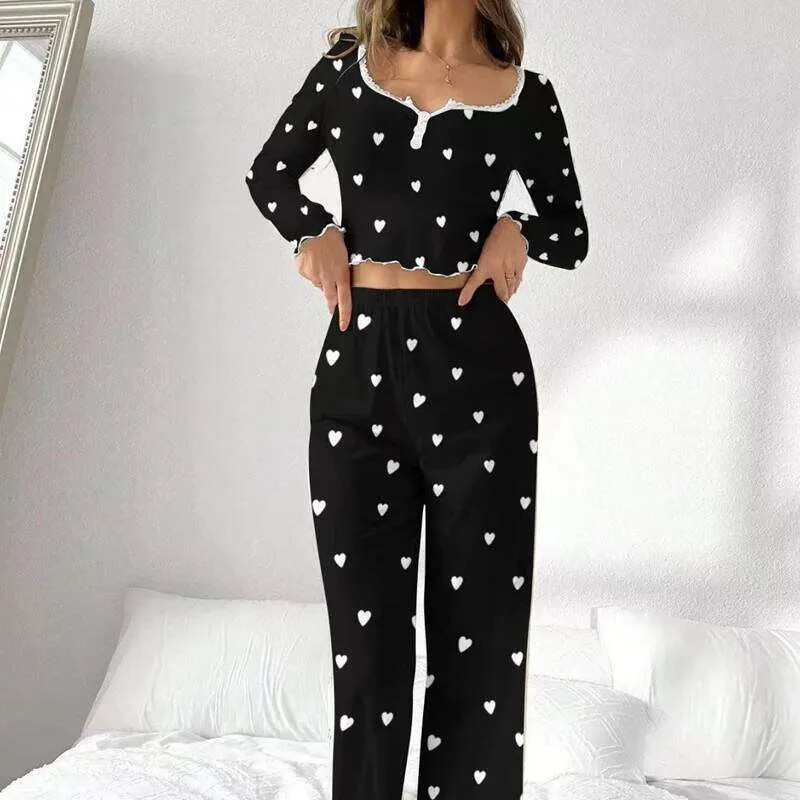 Black and White Heart Print Pajama Set Black and White Heart Print Pajama Set — Heart Outfits 2027