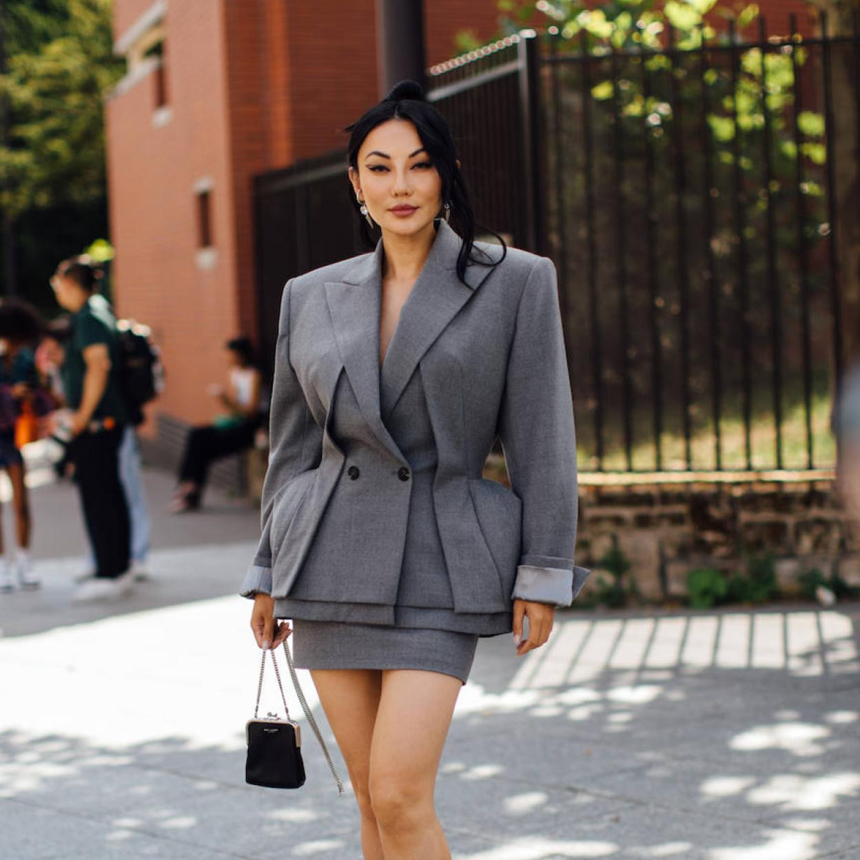 Sculptural Grey Suit: Blazer and Mini Skirt for Modern Professionalism — Summer Work Outfits 2027