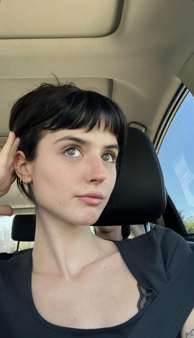 Messy Textured Pixie With Dark Brown Micro Bangs Messy Textured Pixie With Dark Brown Micro Bangs — Micro Bangs 2027