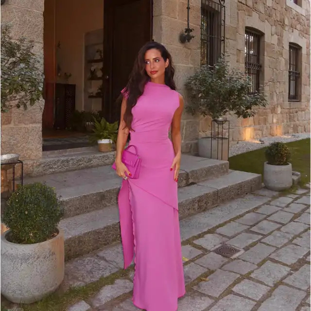 Fuchsia Pink Asymmetrical Maxi Dress with Mini Bag Fuchsia Pink Asymmetrical Maxi Dress with Mini Bag — Wedding Guest Outfits Cocktail 2027