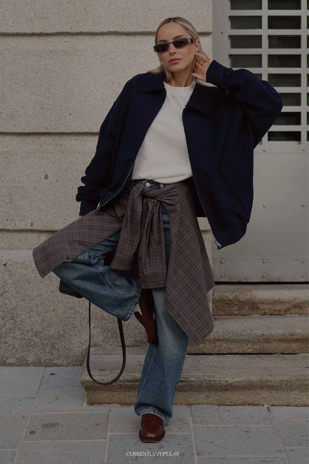 Oversized Navy Jacket with Plaid Shirt and Denim Oversized Navy Jacket with Plaid Shirt and Denim — Everyday Outfits 2027