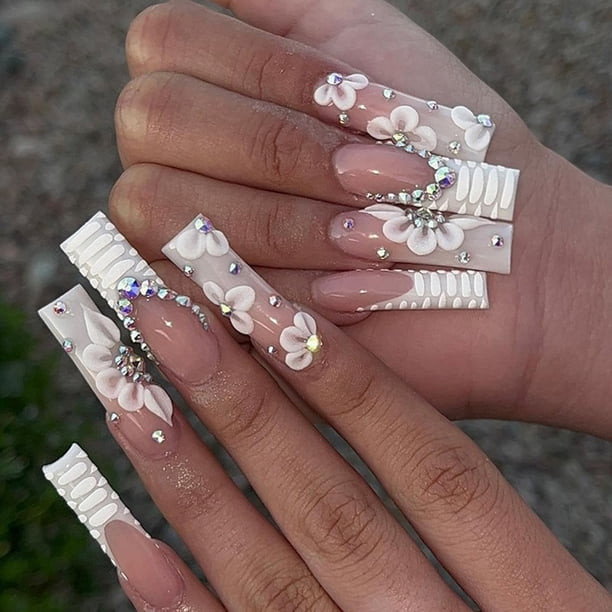 Extra Long Coffin with 3D Florals and Rhinestones — Prom Press On Nails 2027