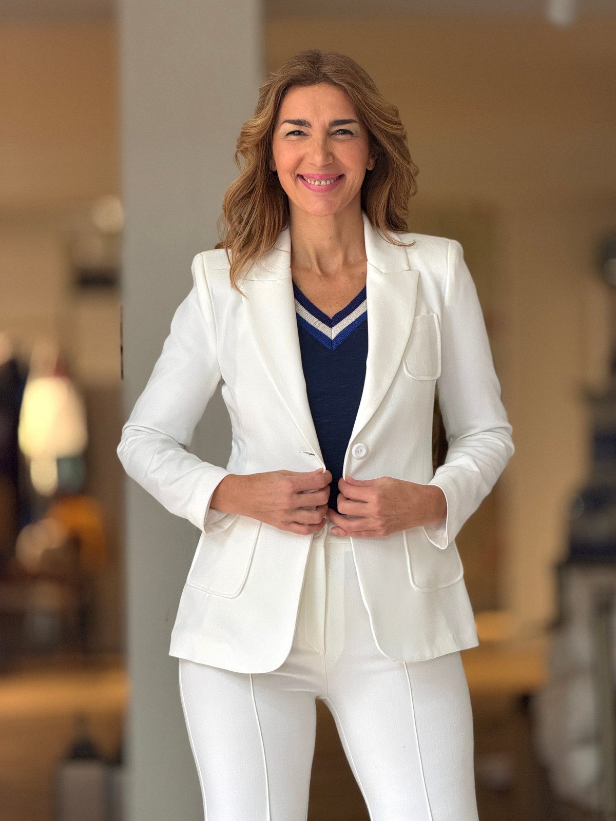 White Fitted Blazer with Striped Top and Trousers — Fitted Blazer Outfits 2027
