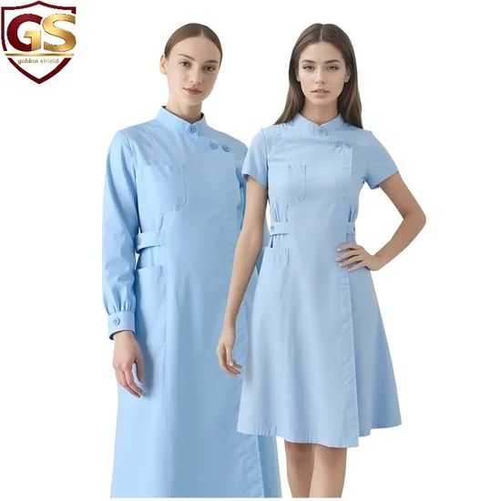 Light Blue Long-Sleeve Wrap Scrub Dress — Nurse Outfits 2027