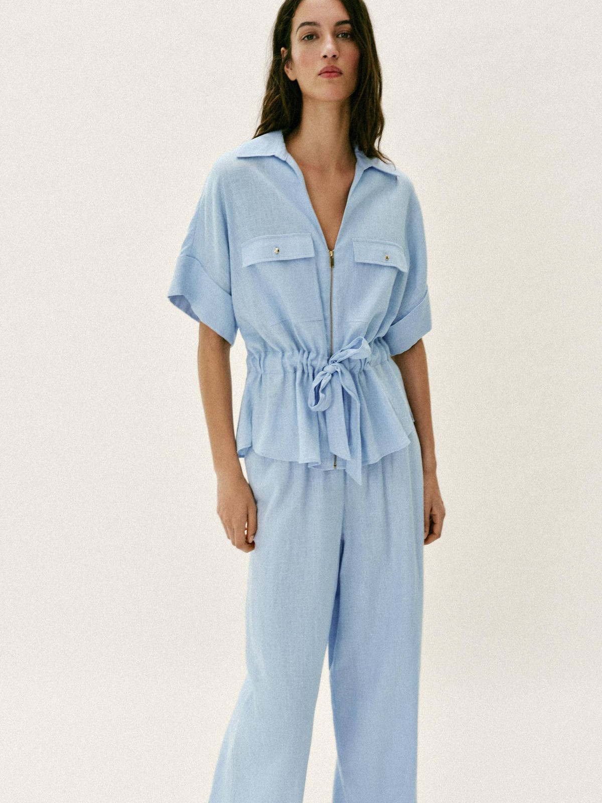 Baby Blue Linen Set with Tie-Waist Zip-Up Top and Wide-Leg Trousers Baby Blue Linen Set with Tie-Waist Zip-Up Top and Wide-Leg Trousers — Baby Blue Outfits 2027