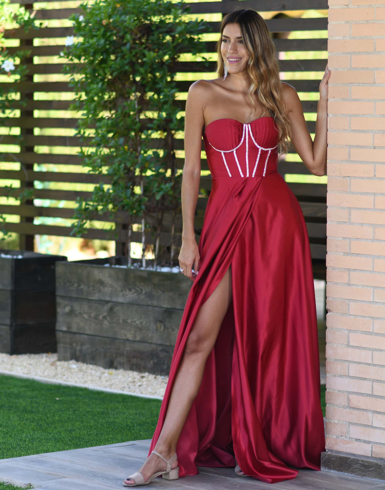Deep Red Satin Strapless Dress with Corset Bodice and High Slit Deep Red Satin Strapless Dress with Corset Bodice and High Slit — Red Prom Dresses 2027