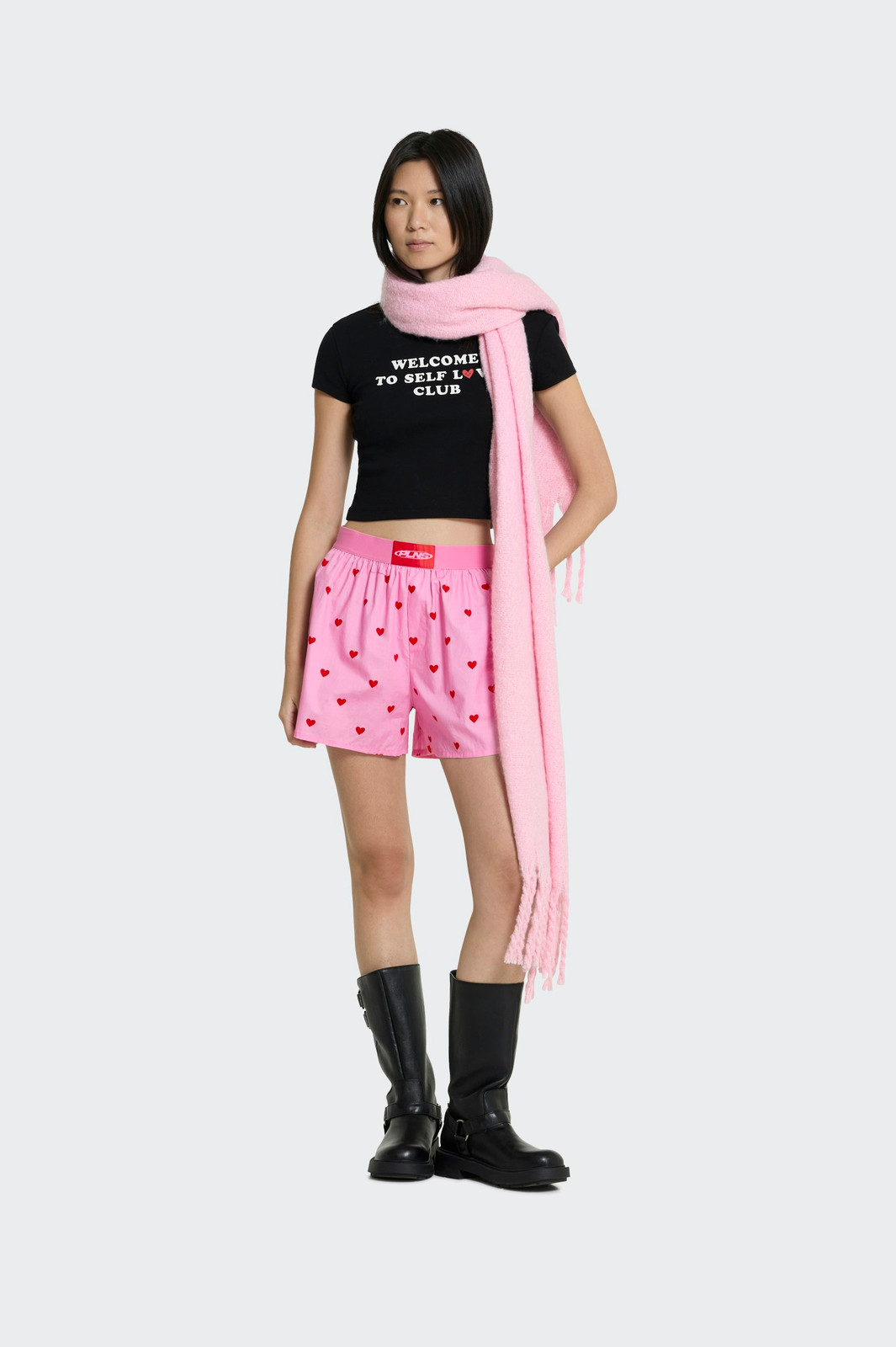 Playful 'Self Love Club' Tee with Heart-Print Boxer Shorts — Casual Valentines Outfits 2027