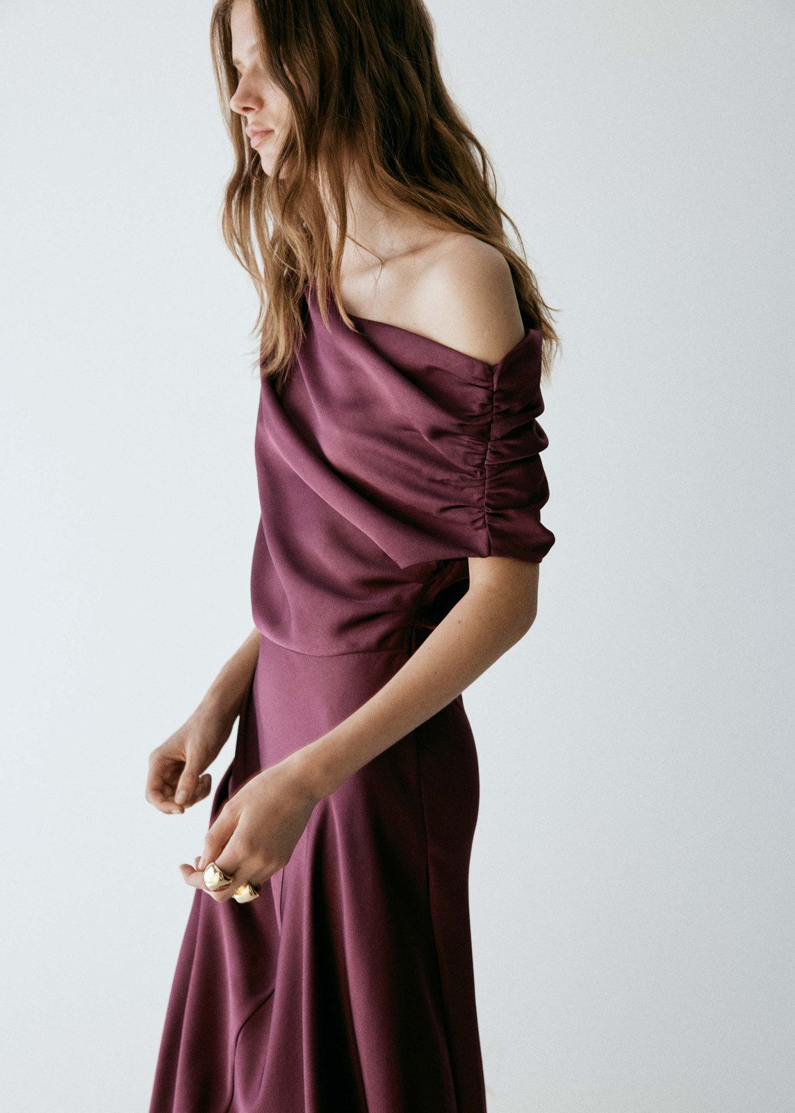 Deep Plum Satin Dress with Asymmetric Draped Neckline Deep Plum Satin Dress with Asymmetric Draped Neckline — Satin Prom Dresses 2027