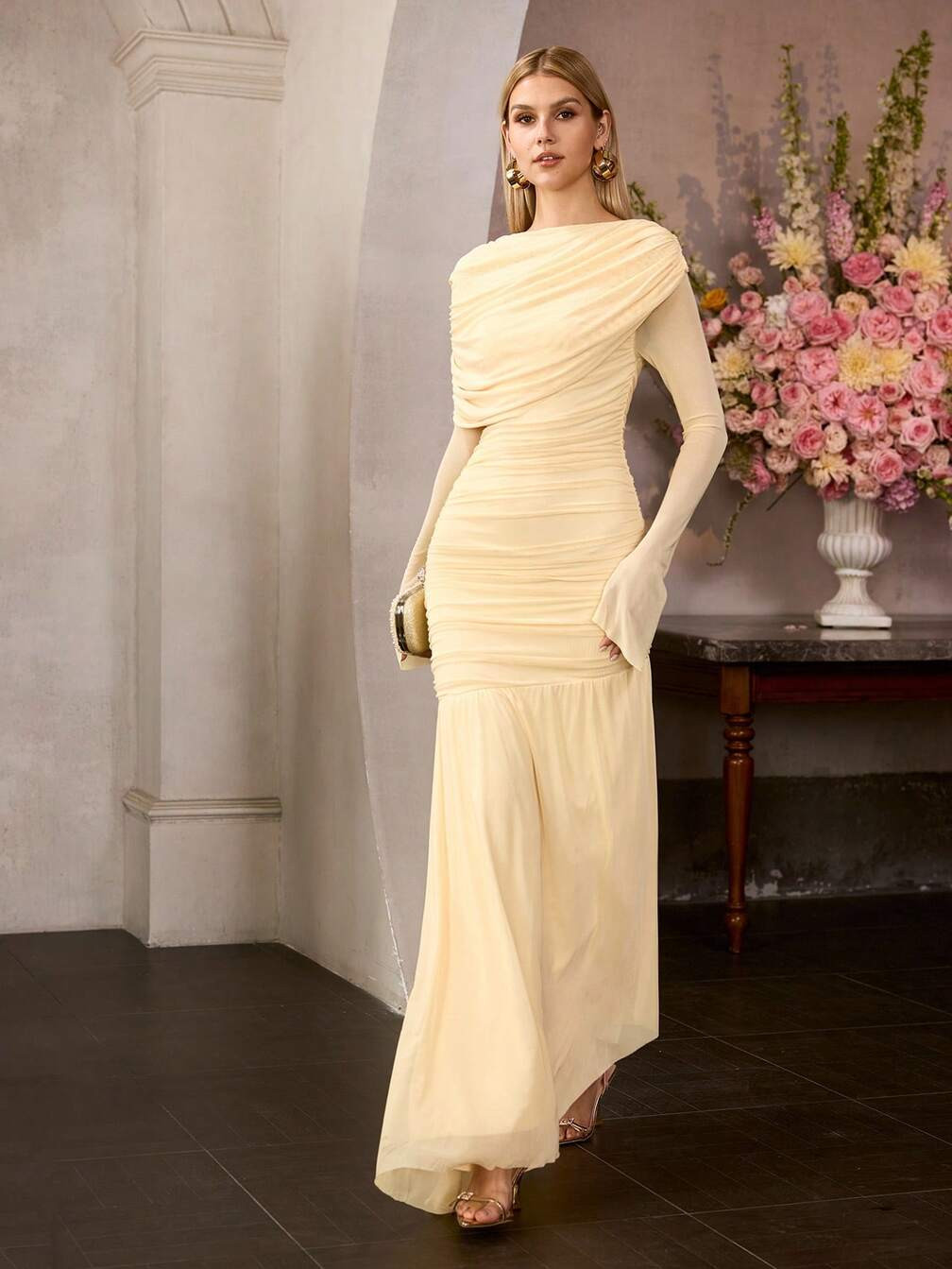 Pale Yellow Prom Dress with Ruched Bodice and Voluminous Puff Sleeves Pale Yellow Prom Dress with Ruched Bodice and Voluminous Puff Sleeves — Corset Prom Dresses 2027