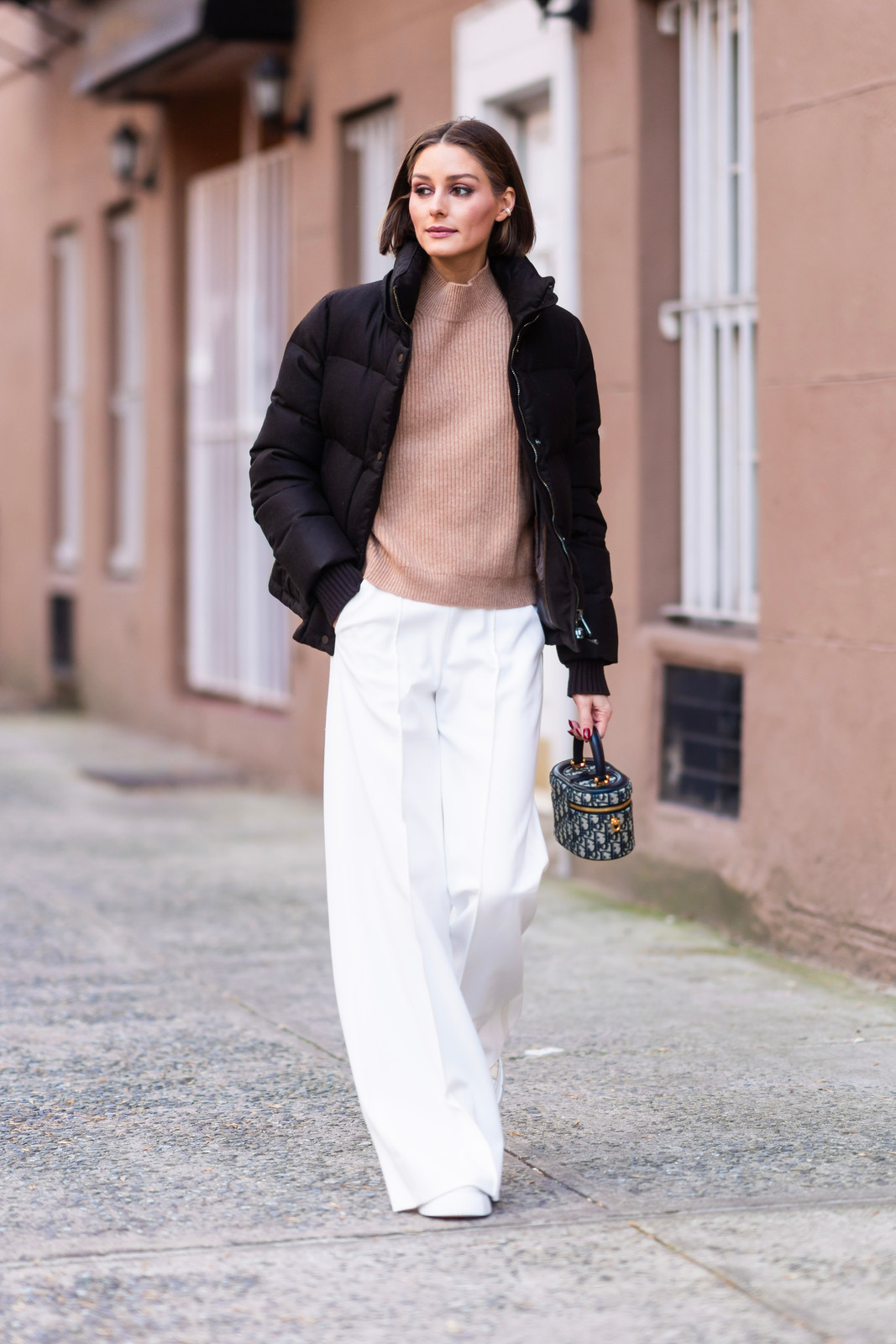 Cropped Black Puffer and White Trousers for Polished Casual — Winter Outfits 2027 with Puffer