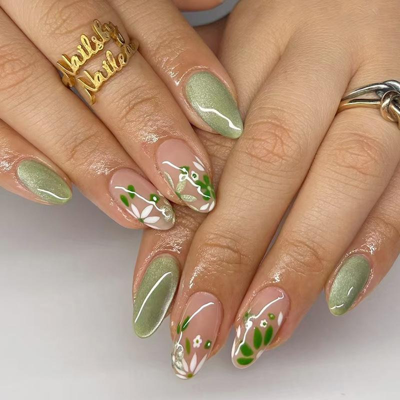 Opaque Green Milky Finish Almonds Opaque Green Milky Finish Almonds — Spring Press On Nails 2027