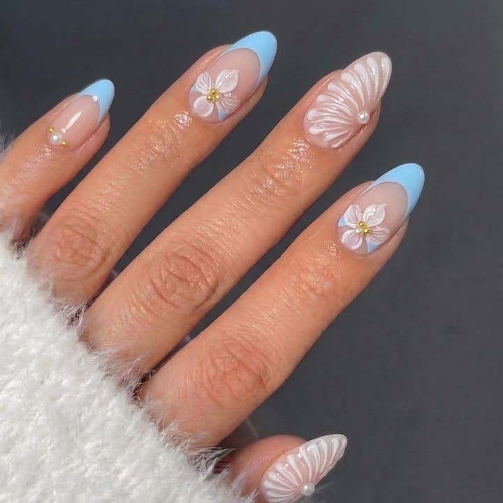 Light Blue French with Pearl Floral Shell — Prom Almond Nails 2027