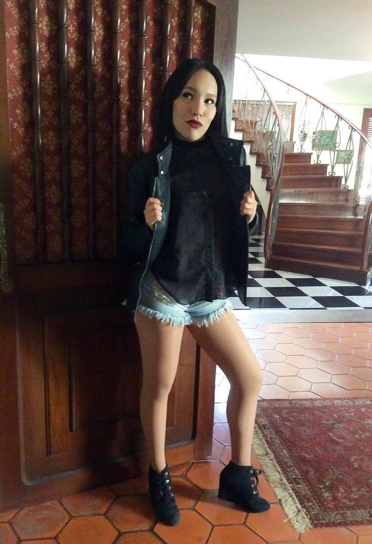 Distressed Denim Shorts with Sheer Beige Tights — Sheer Tights Outfits 2027