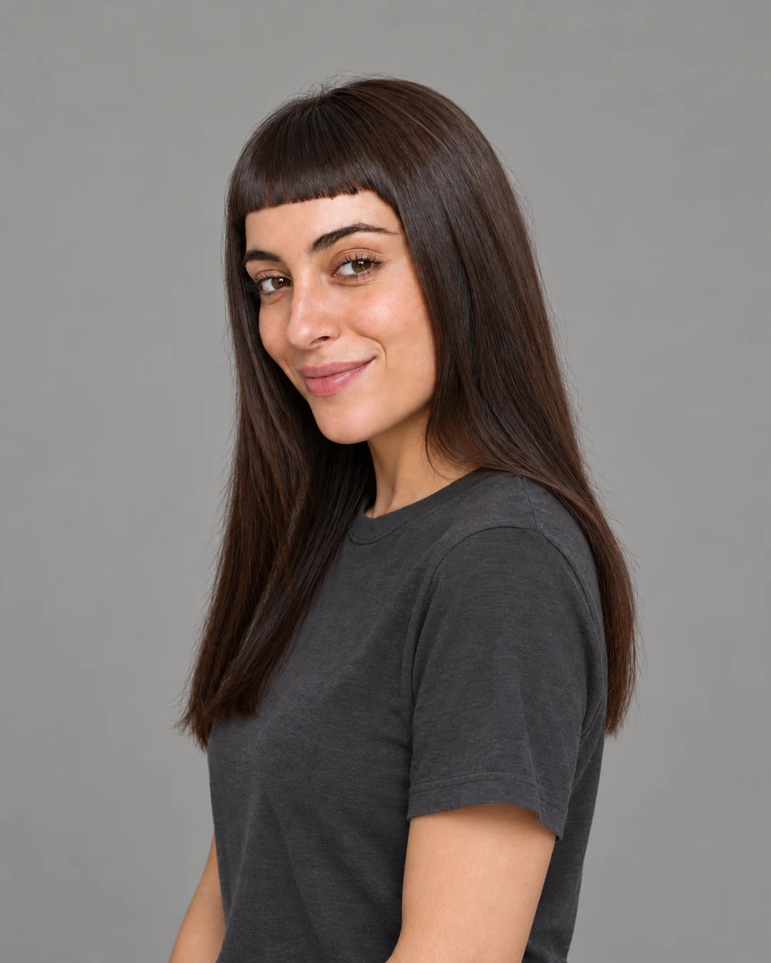Chin Length Dark Brown Bob With Sharp Baby Bangs Chin Length Dark Brown Bob With Sharp Baby Bangs — Baby Bangs 2027