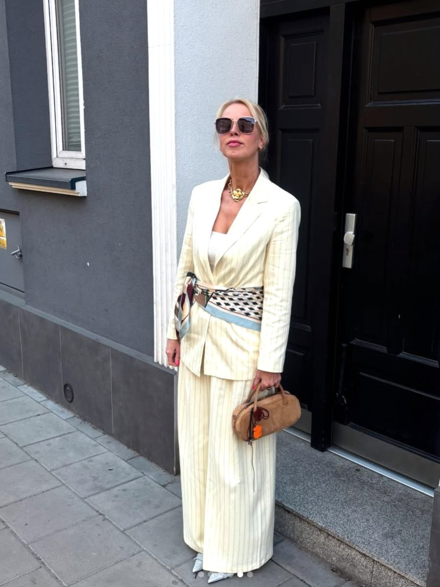 Pinstripe Suit with Silk Scarf Belt Pinstripe Suit with Silk Scarf Belt — Belt Outfits 2027