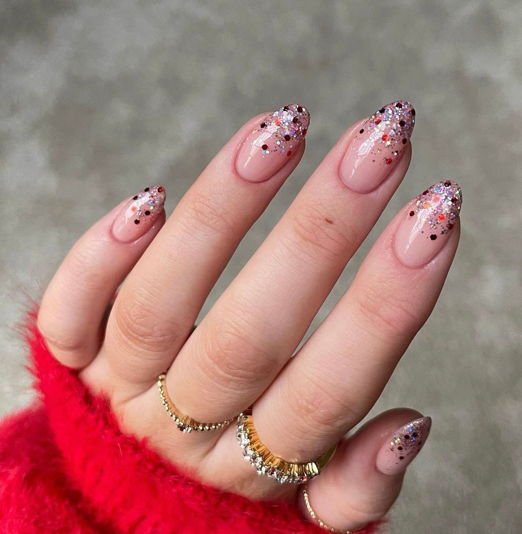 Scattered Glitter Visual Idea Scattered Glitter Visual Idea — Christmas Almond Nails 2026