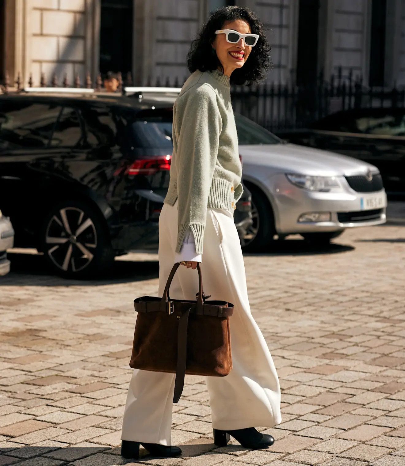 Fresh Layers: White Trousers with Light Green Sweater and White Shirt Fresh Layers: White Trousers with Light Green Sweater and White Shirt — White Jeans Outfits 2027