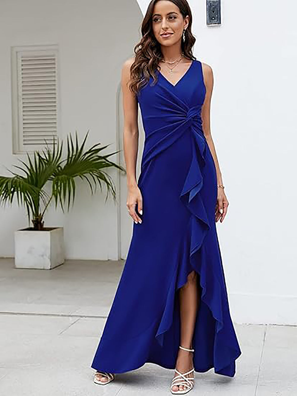 Royal Blue Asymmetrical Gown with Ruffled Front — Cocktail Party Outfits 2027