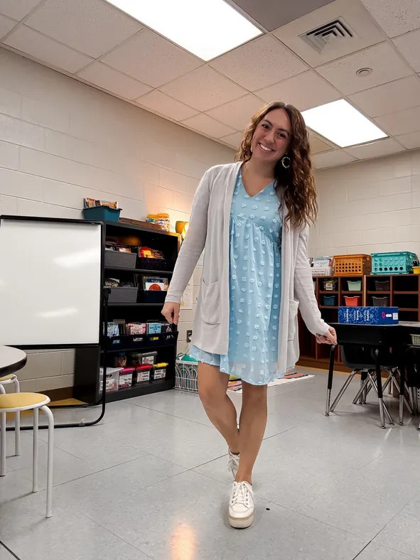 Textured Mini Dress with Knit Cardigan — Casual Teacher Outfits 2027