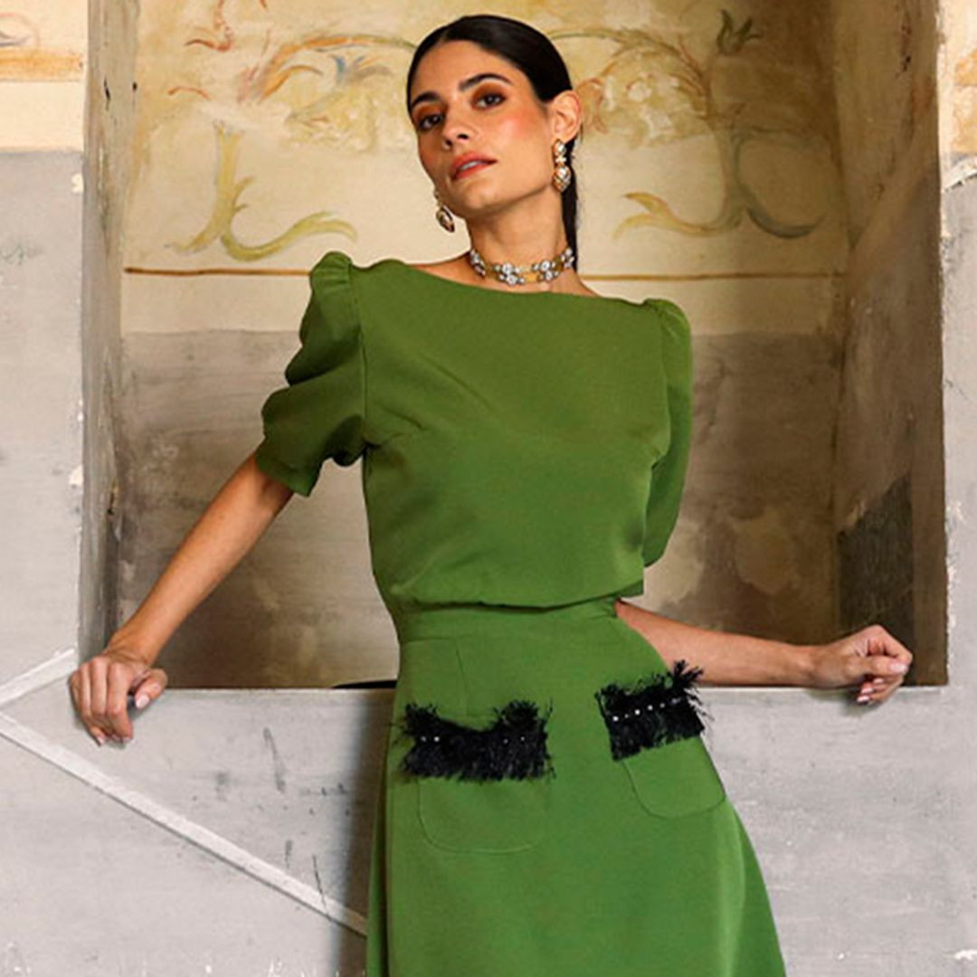 Olive Green Dress with Puff Sleeves and Fringe Pockets — Semi Formal Dresses 2027