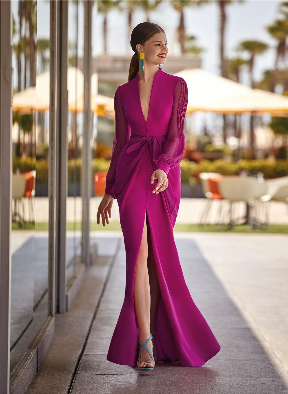 Fuchsia Maxi Dress with Sheer Sleeves and High Slit Fuchsia Maxi Dress with Sheer Sleeves and High Slit — Wedding Guest Outfits 2027