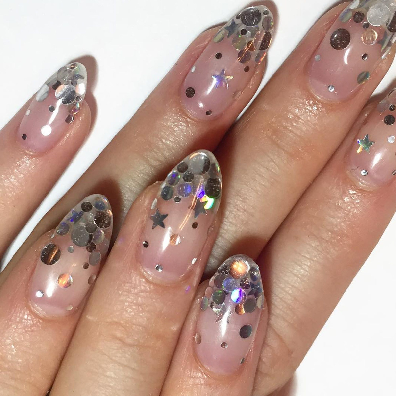 Festive Holiday Silver Iridescent Glitter Star Nails Festive Holiday Silver Iridescent Glitter Star Nails — Winter Glitter Nails 2027