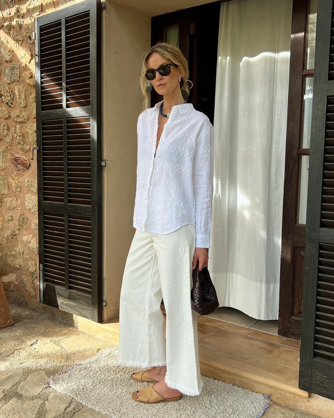 Embroidered Broderie Anglaise Shirt with Linen Blend Trousers Embroidered Broderie Anglaise Shirt with Linen Blend Trousers — Spring Teacher Outfits 2027