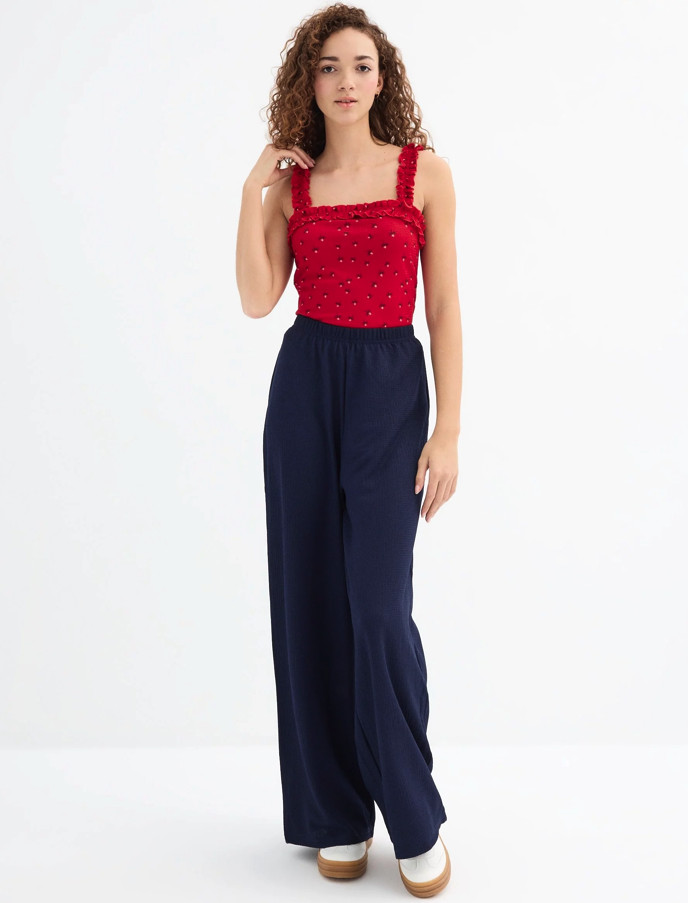 Corduroy Casual: Navy Wide-Leg Pants with Red Camisole Corduroy Casual: Navy Wide-Leg Pants with Red Camisole — Navy Blue Wide Leg Pants Outfits 2027