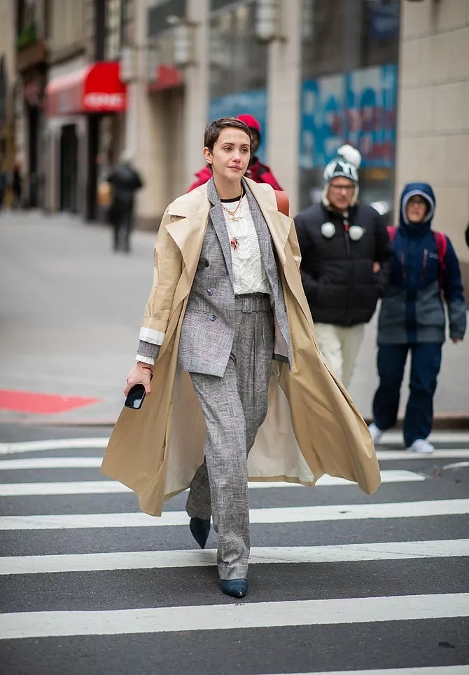 Trench Coat Over Plaid Suit with Cable-Knit Sweater — French Girl Outfits 2027