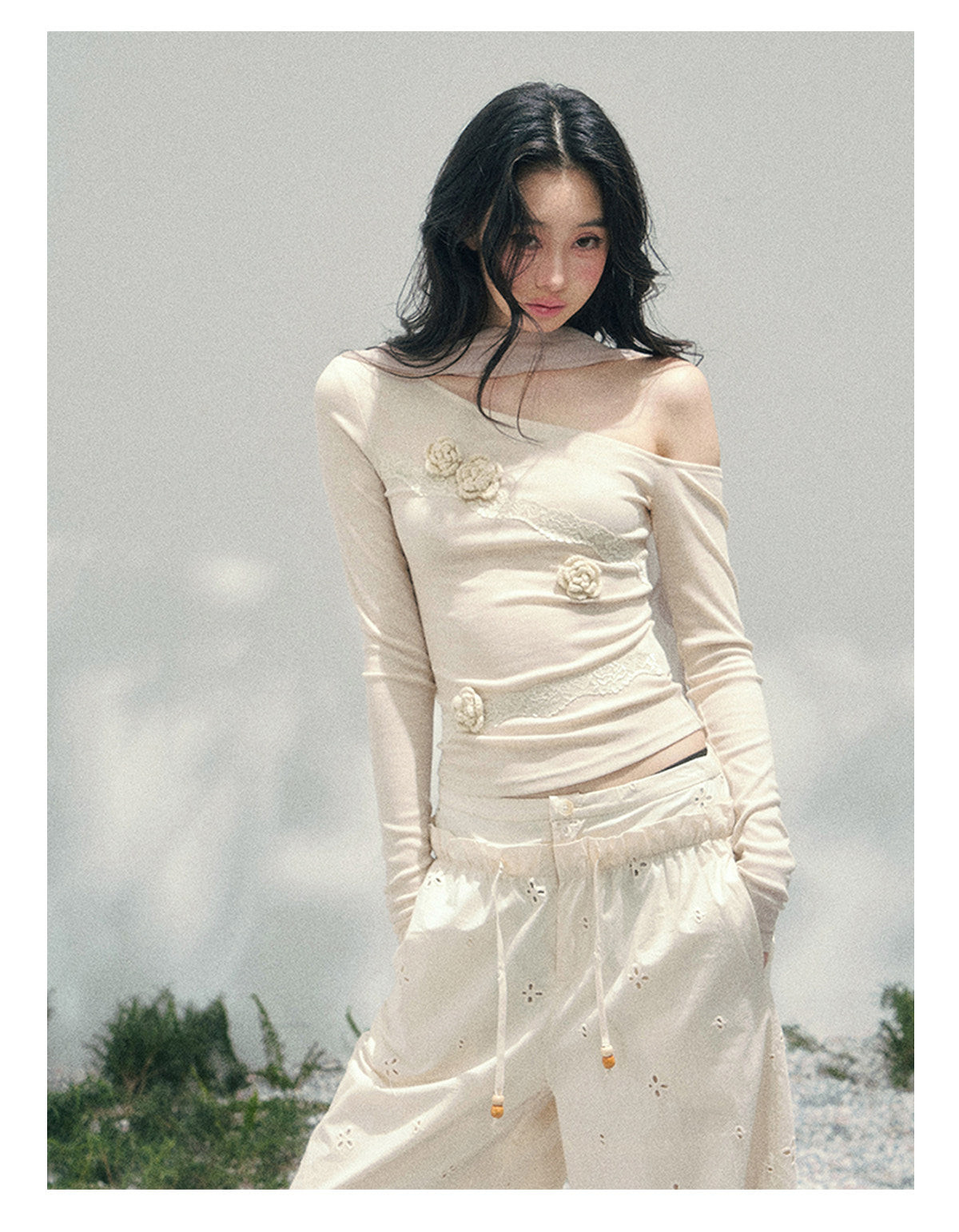 Off-Shoulder Lace Top with Eyelet Pants — Coquette Lace Outfits 2027
