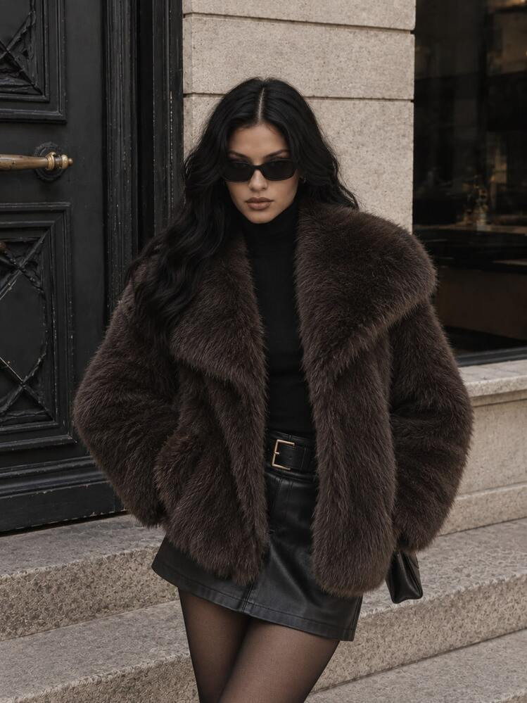 Cropped Dark Brown Faux Fur Jacket with Leather Mini Skirt Cropped Dark Brown Faux Fur Jacket with Leather Mini Skirt — Faux Fur Outfits 2027