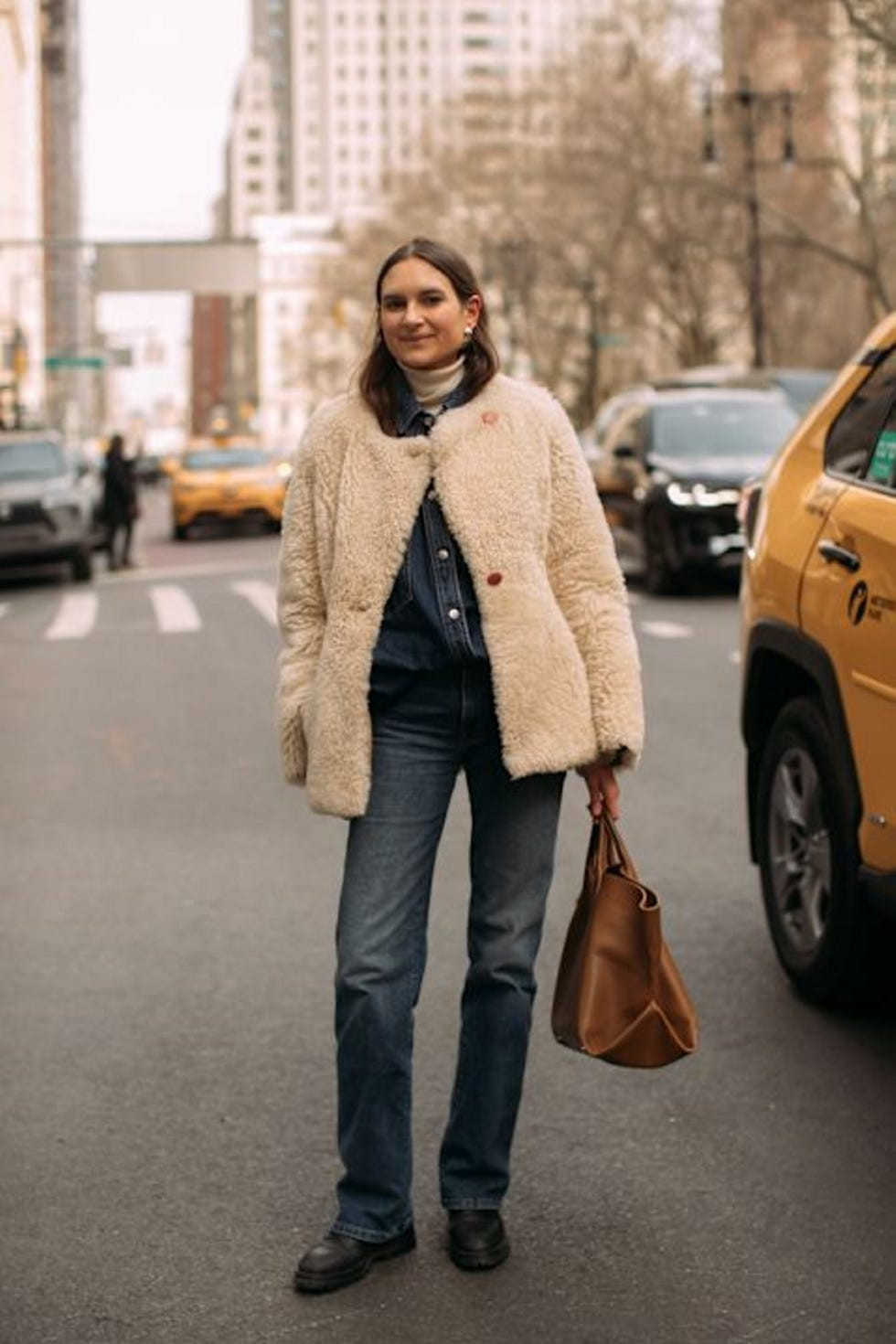 Cream Teddy Fleece Coat with Denim Shirt and Straight-Leg Jeans Cream Teddy Fleece Coat with Denim Shirt and Straight-Leg Jeans — Winter Neutral Outfits 2027