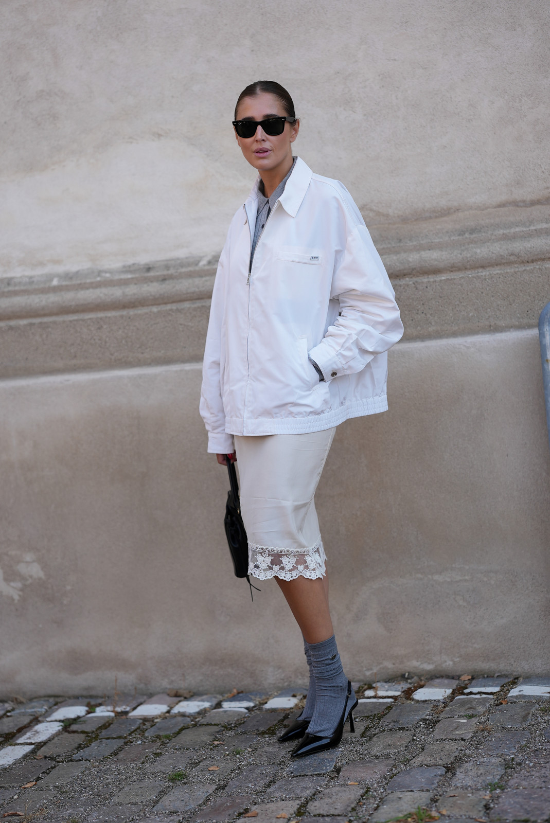 Sporty Jacket and Lace Slip Skirt with Grey Socks and Heels — Slip Skirt Outfits 2027
