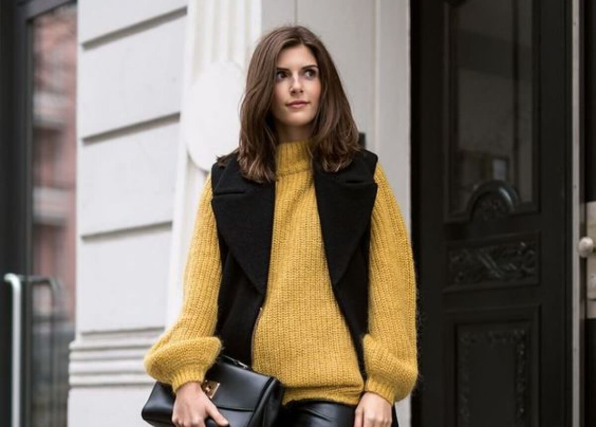 Black Vest Yellow Chunky Knit Sweater Outfit Idea Black Vest Yellow Chunky Knit Sweater Outfit Idea — Warm Winter Outfits 2027