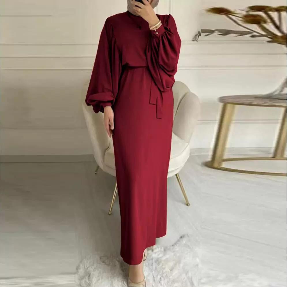 Maroon Viscose Dress with Balloon Sleeves and Tie Belt Maroon Viscose Dress with Balloon Sleeves and Tie Belt — Modest Dresses 2027