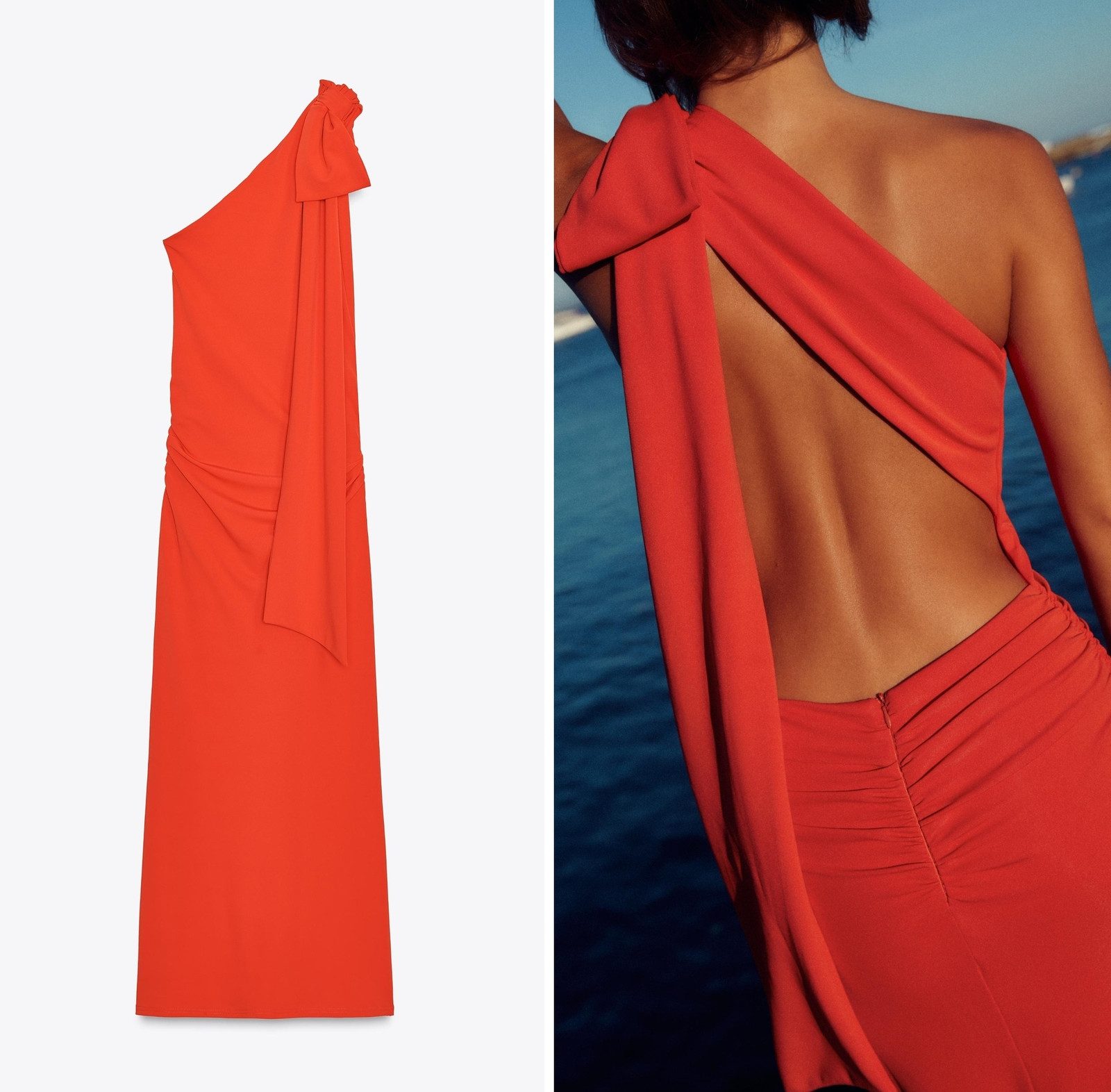 Orange One-Shoulder Dress with Draped Bow Detail and Open Back Orange One-Shoulder Dress with Draped Bow Detail and Open Back — Backless Dresses 2027